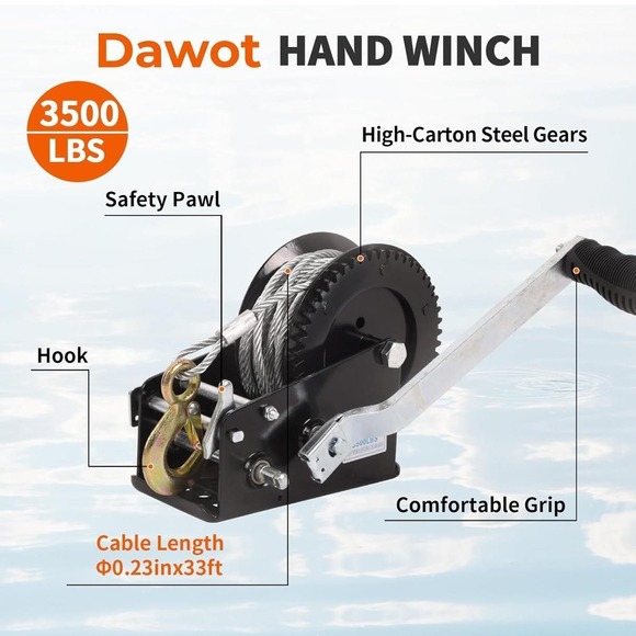 Dawot‎ Hand Crank Winch Boat Trailer 2500 lbs 22ft Strap Two-Way Ratchet Hook - Picture 3 of 10
